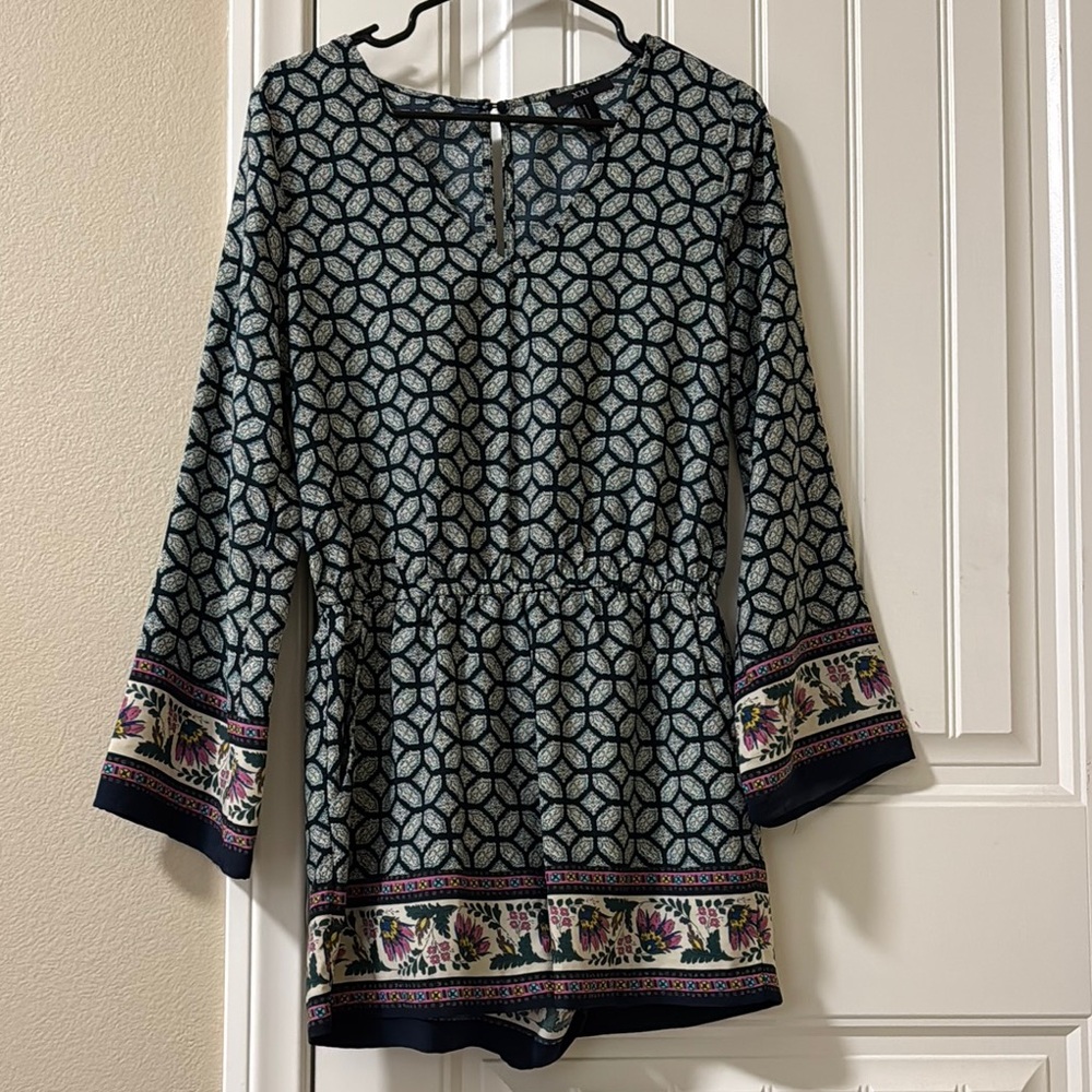 Forever 21 Patterned Blue Romper with Floral Detail Bell Sleeves and Pockets
